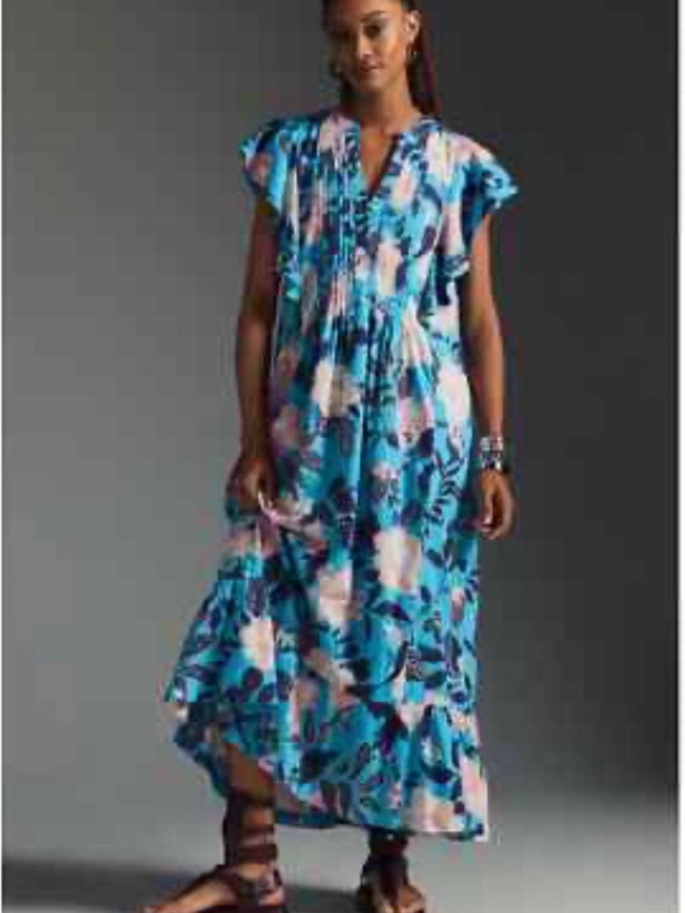 Anthropologie Turquoise Floral Tie-Front Maxi Dress